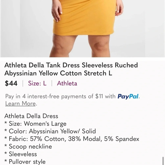 Athleta Women's Dress XXS Della Mustard Yellow Ruched Tank Athleisure Summer - Picture 9 of 9